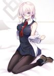  1girl bed black-framed_eyewear blush dress erect_nipples eyes_visible_through_hair fate/grand_order fate_(series) full_body glasses hair_over_one_eye highres indoors jacket lavender_hair looking_at_viewer necktie on_bed red_necktie shielder_(fate/grand_order) shoes short_hair sitting smile solo thigh-highs violet_eyes youta 