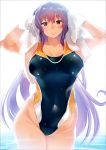  1girl arms_up black_swimsuit competition_swimsuit facing_viewer long_hair one-piece_swimsuit original purple_hair red_eyes solo swimsuit towel towel_on_head wamwam wet wide_hips 