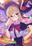  1girl black_hat blonde_hair bow english glasses happy_halloween hat long_hair looking_at_viewer original red_bow red_eyes solo text usamito witch_hat 