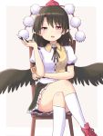  1girl :o bird_wings blush brown_hair chair cocked_eyebrow collared_shirt kneehighs legs legs_crossed looking_at_viewer on_chair pen pointy_ears pom_pom_(clothes) red_eyes red_shoes shameimaru_aya shirt shoes short_hair sitting socks solo touhou white_legwear wings 