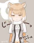  1girl :| animal_ears arms_at_sides blush buttons character_name closed_mouth collar expressionless eyebrows_visible_through_hair fox_ears fox_tail fur_collar gradient_clothes gradient_hair grey_background grey_vest japari_symbol jitome kemono_friends light_brown_hair looking_at_viewer mugi_(iccomae) multicolored_hair necktie onomatopoeia open_clothes open_vest shirt short_hair short_sleeves simple_background solo tail tibetan_sand_fox_(kemono_friends) twitter_username two-tone_hair upper_body vest white_hair white_necktie white_shirt yellow_eyes 
