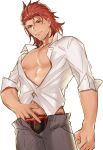  1boy clenched_hand granblue_fantasy hair_slicked_back highres long_sleeves male_focus mixivsky navel nipples percival_(granblue_fantasy) pubic_hair red_eyes redhead shirt solo sweat white_background white_shirt 