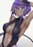  1girl armpits assassin_(fate/prototype_fragments) blush breasts cleavage collarbone cowboy_shot dark_skin fate/prototype fate/prototype:_fragments_of_blue_and_silver fate_(series) fingerless_gloves gloves hand_on_head leotard looking_at_viewer medium_breasts midriff navel open_mouth parted_lips purple_hair satorisu shiny shiny_hair shiny_skin short_hair_with_long_locks sidelocks solo stomach unitard violet_eyes 