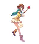  1girl aqua_eyes bangs brown_footwear brown_hair capelet eyebrows_visible_through_hair female fire_emblem fire_emblem:_souen_no_kiseki fire_emblem_heroes full_body highres holding holding_staff mist_(fire_emblem) official_art open_mouth shoes simple_background skirt socks solo staff transparent_background 