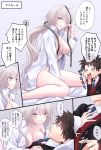  &gt;:( 1boy 1girl :o ahoge bangs black_hair blue_necktie blush breast_press breasts closed_mouth collarbone convenient_censoring fate/grand_order fate_(series) formal fujimaru_ritsuka_(male) girl_on_top jeanne_alter large_breasts long_hair long_sleeves looking_at_another looking_at_viewer naked_shirt necktie o_o off_shoulder open_clothes open_mouth open_shirt pale_skin ruler_(fate/apocrypha) shirt short_hair silver_hair speech_bubble suit surprised sushimaro tearing_up translation_request very_long_hair waking_up white_shirt yellow_eyes 