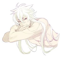  1boy crossed_arms fingernails k29 kogitsunemaru long_hair looking_to_the_side lying male_focus nipples on_side pectorals sharp_fingernails shirtless short_eyebrows simple_background toned toned_male touken_ranbu upper_body white_hair 