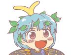  1girl :3 antennae bangs blue_hair blush_stickers butterfly_wings dot_nose eternity_larva eyebrows_visible_through_hair flat_color gyate_gyate hair_ornament ikiyouz leaf leaf_hair_ornament leaf_on_head looking_at_viewer meme open_mouth pink_eyes short_hair smile solo swept_bangs tareme touhou transparent_background upper_body wings 
