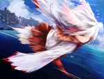  1girl bird_tail blue_sky coat day expressionless flying full_body fur_collar hair_over_one_eye half-closed_eyes head_wings highres japanese_crested_ibis_(kemono_friends) kemono_friends long_sleeves ocean pantyhose red_legwear sky solo tesuta0612 white_hair wide_sleeves yellow_eyes 