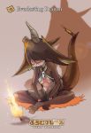  1girl black_legwear breasts broken_horn brown_background character_name closed_eyes dark_souls den_(zeroshiki) dragon_tail english everlasting_dragon fire full_body glasses highres horn indian_style lens_flare long_sleeves medium_breasts navel open_mouth pantyhose personification rimless_glasses silhouette sitting sleeping solo souls_(from_software) sword tail weapon 