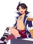  1boy ahoge black_coat black_hair coat cocorosso earrings edward_teach_(fate/grand_order) fate/grand_order fate_(series) jewelry long_coat looking_at_viewer male_focus necklace open_mouth pirate_costume shirtless short_hair shorts simple_background sitting smile solo white_background younger 