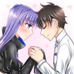  1boy 1girl black_hair blue_eyes blush closed_eyes fate/extra fate/extra_ccc fate/grand_order fate_(series) forehead-to-forehead fujimaru_ritsuka_(male) hair_ribbon long_hair mabo-udon meltlilith purple_hair ribbon short_hair simple_background smile solo very_long_hair 