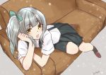  1girl black_legwear black_skirt bow couch eyebrows_visible_through_hair full_body green_bow grey_hair hair_bow kantai_collection kasumi_(kantai_collection) kneehighs loafers long_hair looking_at_viewer nagi_(shunsuke-manage) on_couch shirt shoes short_sleeves side_ponytail skirt solo suspenders twitter_username white_shirt yellow_eyes 