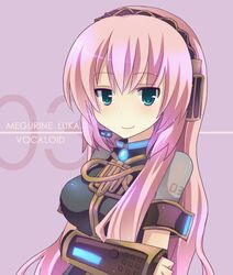  1girl armband bad_id blue_eyes blush breasts brooch character_name closed_mouth copyright_name detached_sleeves female gem headphones headset highres jewelry large_breasts long_hair looking_at_viewer megurine_luka pink_hair sapphire_(stone) smile smirk solo upper_body vocaloid yellow_detached_sleeves yukishiro_mafuyu 