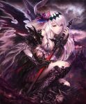  1girl armor armored_boots army artist_request asymmetrical_clothes battlefield boots bracer clouds cloudy_sky cygames dark_jeanne dark_persona demon_wings feathers gloves glowing glowing_eyes hair_ornament holding holding_sword holding_weapon long_hair official_art pale_skin red_eyes shadowverse shingeki_no_bahamut single_glove skeleton sky sword weapon white_hair wings 