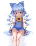 1girl :3 arms_at_sides bangs belly blue_dress blue_eyes blue_hair blush bow cirno colored_eyelashes dark_skin dress eyebrows_visible_through_hair flower frilled_sleeves frills hair_between_eyes hair_bow head_tilt hidden_star_in_four_seasons highres ice ice_wings light_smile looking_at_viewer mofashi_beibei plant reflection shiny shiny_skin shirt short_dress short_hair sitting sleeveless sleeveless_dress solo sunflower thigh-highs touhou vines white_legwear white_shirt wings zettai_ryouiki 