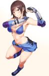  1girl arm_up armpits bikini_top blue_legwear boots breasts brown_hair cleavage clothes_around_waist elbow_pads fingerless_gloves foreshortening full_body gloves gradient gradient_background grin hand_on_own_shoulder highres hiiragi_yuuichi kazama_asuka knee_boots kneehighs large_breasts midriff navel shirt_around_waist short_hair short_shorts shorts simple_background smile solo standing standing_on_one_leg tekken violet_eyes 