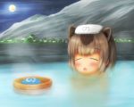  1girl :d bathing blush brown_hair bucket capybara_(kemono_friends) capybara_ears closed_eyes commentary_request eyebrows_visible_through_hair food full_moon japari_bun japari_symbol_print kemono_friends light_brown_hair me2o moon multicolored_hair night open_mouth outdoors partially_submerged revision smile solo towel towel_on_head two-tone_hair water 