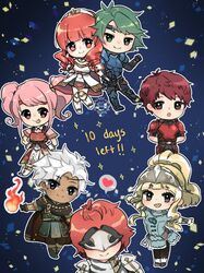  !! 3girls 4boys alm_(fire_emblem) armor armored_boots blonde_hair boey_(fire_emblem) boots brown_eyes cape celica_(fire_emblem) chibi circlet clair_(fire_emblem) conrad_(fire_emblem) countdown curly_hair dark_skin fire fire_emblem fire_emblem_echoes:_mou_hitori_no_eiyuuou gloves green_eyes green_hair heart highres long_hair lukas_(fire_emblem) mae_(fire_emblem) mask multiple_boys multiple_girls open_mouth orange_hair pink_hair ponytail red_eyes redhead tcong teeth tiara tongue tongue_out twintails white_hair 