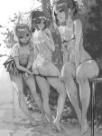  3girls ass barefoot bikini breasts feet masak_(masaki4545) monochrome multiple_girls open_clothes open_shirt original outdoors scan shirt short_hair sitting skirt small_breasts swimsuit wet wet_clothes wet_shirt wet_t-shirt 