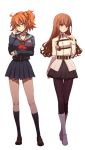  2girls ahoge arm_at_side bangs belt belt_buckle black_serafuku black_skirt blunt_bangs boots breast_hold breasts brown_hair brown_shoes buckle cleavage collarbone contrapposto cosplay curly_hair emblem eyebrows_visible_through_hair fate/extra fate/extra_ccc fate/grand_order fate_(series) fujimaru_ritsuka_(female) fujimaru_ritsuka_(female)_(cosplay) full_body grey_boots hand_on_own_chest head_tilt kishinami_hakuno_(female) kishinami_hakuno_(female)_(cosplay) knee_boots legs_crossed liusang loafers long_hair long_sleeves looking_at_viewer medium_breasts multiple_girls neckerchief one_side_up orange_hair pantyhose pleated_skirt purple_legwear red_eyes red_neckerchief school_uniform scratching_cheek serafuku shoes simple_background skirt standing thigh_gap uniform watson_cross white_background yellow_eyes 