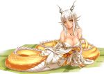  1girl bare_shoulders breasts cleavage dragon dragon_girl eastern_dragon hair_ornament head_fins horns japanese_clothes kimono large_breasts long_hair looking_at_viewer magatama midnight_(banyex) monster_girl monster_girl_encyclopedia ryuu_(monster_girl_encyclopedia) scales simple_background slit_pupils solo tattoo white_hair yellow_eyes 