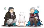  ... 2boys black_gloves black_hair cocorosso cravat facial_hair fate/grand_order fate_(series) flying_sweatdrops formal full_body gloves green_eyes grey_hair james_moriarty_(fate/grand_order) looking_at_another male_focus medjed multiple_boys mustache pinstripe_pattern sherlock_holmes_(fate/grand_order) short_hair simple_background spoken_ellipsis squatting striped vest white_background white_gloves 