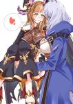  2girls ahoge blush breasts brown_hair cape carrying gloves granblue_fantasy green_eyes hair_ornament hairband head_wings heart highres long_coat long_hair looking_at_another multiple_girls princess_carry silva_(granblue_fantasy) silver_hair song_(granblue_fantasy) spoken_heart yuri 