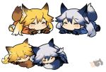  2girls animal_ears blonde_hair blue_gloves brown_gloves chibi clenched_hands closed_eyes eyebrows_visible_through_hair ezo_red_fox_(kemono_friends) fox_ears fox_tail gloves grey_skirt hair_between_eyes itukitasuku japari_symbol kemono_friends long_hair lying multiple_girls multiple_views on_stomach pleated_skirt silver_fox_(kemono_friends) silver_hair simple_background skirt sleeping tail white_background white_skirt 