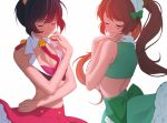  2girls aconitea black_hair bow breasts brown_hair cleavage closed_eyes crop_top green_skirt hair_bow highres long_hair medium_breasts midriff multiple_girls red_skirt short_hair skirt sleeveless twintails yuri_kuma_arashi yurigasaki_lulu yurishiro_ginko 