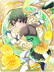  battle_girl_high_school flower green_eyes green_hair hair_ornament highres looking_at_viewer petals pose short_hair solo thigh-highs wakaba_subaru weapon 