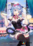  1girl :o animal_ears apron argyle arms_up bangs bare_shoulders bell bell_collar black_collar black_dress black_legwear black_shoes blue_eyes blue_flower blue_hair blue_rose blue_sky blush bow braid breasts brooch cake cake_stand cat_ears cat_girl cat_tail checkerboard_cookie cherry_blossom_cookie_(food) chocolate chocolate_covered chocolate_syrup cleavage clouds cloudy_sky collar commentary company_name cookie copyright_name covered_navel curtains detached_sleeves dress eating fang flower food frilled_apron frilled_dress frilled_sleeves frills fruit gearous gelatin glint holding holding_food horizontal-striped_legwear indoors jewelry jingle_bell leg_up light_bulb long_hair macaron maid_headdress medium_breasts official_art open_mouth open_window paw_print pink_bow qurare_magic_library raised_eyebrows red_bow rose shiny shiny_hair shiny_skin shoes short_dress single_braid skin_tight sky slice_of_cake solo standing standing_on_one_leg star strawberry strawberry_shortcake striped striped_legwear swept_bangs tail text tiered_tray tongue tongue_out waist_apron white_apron window 