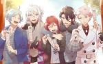  5boys ahoge aqua_hair black_hair blue_hair braid coat doll ensemble_stars! hibiki_wataru itsuki_shu jacket long_hair mademoiselle_(ensemble_stars!) male_focus multiple_boys pink_hair red_eyes redhead sakasaki_natsume sakuma_rei_(ensemble_stars!) scarf shinkai_kanata short_hair silver_hair smile sweater turtleneck turtleneck_sweater winter_clothes 