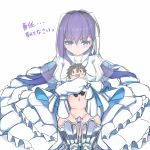  1girl blue_eyes doll dress fate/extra fate/extra_ccc fate/grand_order fate_(series) fujimaru_ritsuka_(male) gluteal_fold highres jibako looking_at_viewer meltlilith navel pout purple_hair simple_background sitting solo thighs translation_request veil white_background 