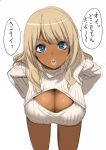  1girl :o bad_id bad_twitter_id blonde_hair blue_eyes breasts cleavage cleavage_cutout dark_skin ganguro hands_on_hips highres inactive_account kloah large_breasts leaning_forward lips long_hair looking_at_viewer meme_attire open-chest_sweater open_mouth original ribbed_sweater simple_background sketch solo sweater translated turtleneck white_background 