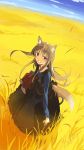  1girl absurdres animal_ears brown_hair fang field from_above from_side highres holo horizon long_hair looking_at_viewer open_mouth red_eyes seu_(hutotomomo) signature smile solo spice_and_wolf standing tail wheat wheat_field wolf_ears wolf_tail 