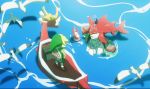  2boys bird blonde_hair boat fishman green_hat hat link male_focus monster_boy multiple_boys no-kan partially_submerged pointy_ears seagull shield sidon the_king_of_red_lions the_legend_of_zelda the_legend_of_zelda:_breath_of_the_wild the_legend_of_zelda:_the_wind_waker toon_link tunic watercraft 