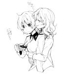  10s 2girls blush cup darjeeling girls_und_panzer hug hug_from_behind jacket kay_(girls_und_panzer) long_hair monochrome multiple_girls myama short_hair smile teacup 