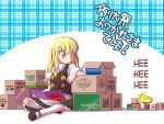  1girl ^_^ blonde_hair blue_background book bow box cardboard cardboard_box chamupei charles_schulz_(style) closed_eyes commentary_request hair_bow holding holding_book kirisame_marisa kneehighs long_hair looking_at_another open_mouth peanuts pink_bow plaid plaid_background sitting smile teeth text touhou translation_request white_legwear woodstock yellow_eyes 