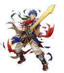 1boy armor artist_request belt blue_eyes blue_hair boots broken_armor cape fingerless_gloves fire_emblem fire_emblem:_souen_no_kiseki fire_emblem_heroes full_body gloves headband highres ike knee_boots looking_away official_art pants short_hair shoulder_armor solo sword torn_clothes transparent_background weapon 
