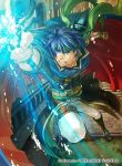  1boy blue_eyes blue_hair cape fingerless_gloves fire_emblem fire_emblem:_souen_no_kiseki fire_emblem_cipher gloves headband ike looking_at_viewer male_focus official_art ragnell short_hair sword weapon 