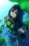  1girl :q absurdres animal animal_on_head artist_request asui_tsuyu belt black_eyes black_hair bodysuit boku_no_hero_academia breasts closed_mouth frog frog_girl from_above gloves green_bodysuit green_eyes hair_between_eyes highres holding leaf leaf_umbrella lily_pad long_hair looking_at_viewer looking_up luo_jie medium_breasts on_head partially_submerged rainbow revision ripples smile solo tongue tongue_out violet_eyes wading water wet wet_clothes wet_hair white_gloves 