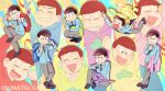  6+boys :&gt; ;3 ^_^ artist_name brothers brown_eyes brown_hair closed_eyes copyright_name double_v formal grin highres hood hoodie male_focus matsuno_choromatsu matsuno_ichimatsu matsuno_juushimatsu matsuno_karamatsu matsuno_osomatsu matsuno_todomatsu mery_(apfl0515) multiple_boys necktie open_mouth osomatsu-kun osomatsu-san sextuplets siblings sitting smile squatting suit v 