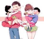  2boys 2girls black_hair blush bow brown_eyes brown_hair carrying child dress dual_persona hair_bow hairband hood hoodie low_twintails mary_janes matsuno_osomatsu mery_(apfl0515) mouth_pull multiple_boys multiple_girls open_mouth osomatsu-kun osomatsu-san shoes shorts skirt smile time_paradox twintails younger yowai_totoko 