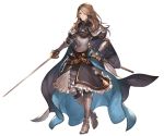  1girl armor belt boots brown_eyes brown_hair cape catalina_(granblue_fantasy) frills full_body gauntlets gloves granblue_fantasy holding holding_weapon knee_boots long_hair looking_at_viewer minaba_hideo official_art pauldrons ribbon sheath shoulder_armor shoulder_pads solo standing sword transparent_background weapon 