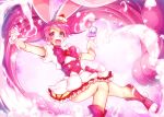  1girl :d animal_ears bow cake_hair_ornament corset cure_whip dress feathers food food_themed_hair_ornament fruit full_body gloves hair_ornament happy kirakira_precure_a_la_mode long_hair looking_at_viewer magical_girl open_mouth pink pink_background pink_bow pink_choker pink_eyes pink_hair pink_shoes precure puffy_sleeves rabbit_ears revision satou_(kuso-neet) shoes smile solo strawberry twintails usami_ichika white_dress white_gloves 