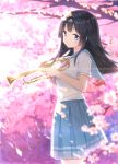  1girl absurdres bangs black_hair blue_skirt blurry blurry_background blush cherry_blossoms closed_mouth commentary cowboy_shot dappled_sunlight depth_of_field eyebrows_visible_through_hair fanqie_jidan from_side hibike!_euphonium highres holding holding_instrument instrument kousaka_reina long_hair looking_at_viewer looking_to_the_side medium_skirt neckerchief petals pink_neckerchief pleated_skirt revision school_uniform shirt short_sleeves skirt smile solo spring_(season) standing sunlight tree trumpet violet_eyes white_shirt 