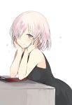  1girl bangs black_dress blush breasts brown_necktie closed_mouth dress fate/grand_order fate_(series) hair_over_one_eye hands_on_own_cheeks hands_on_own_face light_smile looking_at_viewer lpip medium_breasts necktie pink_eyes pink_hair shielder_(fate/grand_order) short_hair simple_background sleeveless sleeveless_dress smile solo white_background 