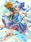  barefoot blue_bow blue_dress blue_eyes blue_hair bow cirno dress flower hidden_star_in_four_seasons holding ice ice_wings natori_youkai plant sky sunflower tan touhou vines wings 