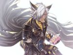  1boy animal_ears bloom blue_eyes cape cookie cowboy_shot dark_skin dark_skinned_male erun_(granblue_fantasy) eustace_(granblue_fantasy) food food_in_mouth granblue_fantasy granblue_fantasy_(style) hair_over_one_eye highres male_focus official_style outstretched_hand short_hair simple_background solo white_background white_day white_hair yusu_no_inu 
