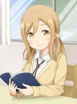  blush book brown_eyes brown_hair kunikida_hanamaru long_hair love_live!_sunshine!! smile twintails 